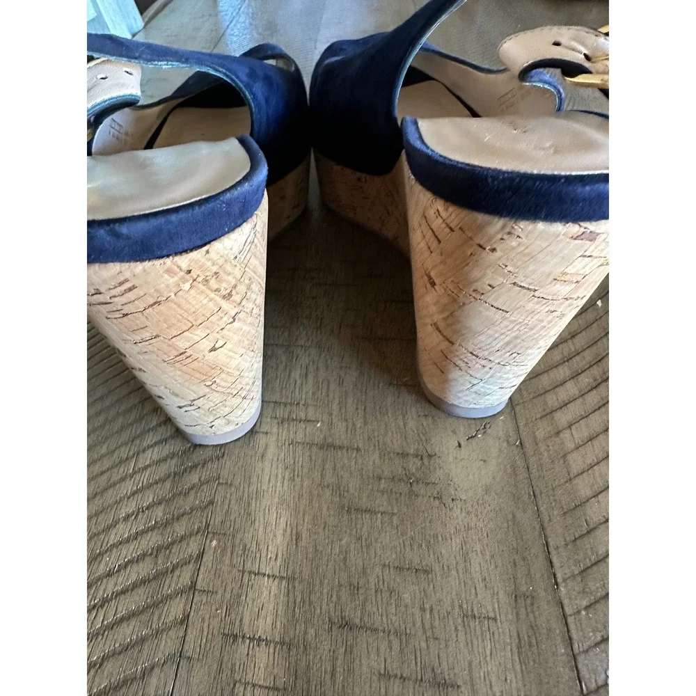 Stuart Weitzman Navy Suede Peep-Toe Cork Wedge Slingback Sandals - Size 9b - Picture 5 of 6